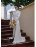 High Collar Ivory Satin Lace Keyhole Back Slit Wedding Dress